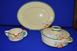 Clarice Cliffe Bizarre Revelle Pattern Meat Dish, Tureen, and Jug
