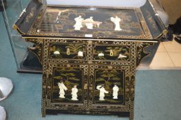 Chinese Lacquered Cabinet with Mother of Pearl Relief Detail