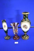 3x Victorian Painted Glass Vases Including 2x with Portraits
