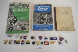 Motorcycle Racing Enamel Lapel Badges plus Yearbooks, etc.