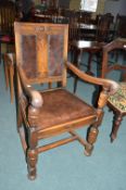 Victorian Oak Armchair with Leather Panelled Back & Seat