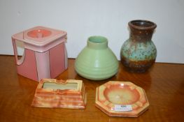 Pottery Including a Cube Teapot, and Cambells Tile Company Ashtrays