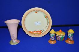 Clarice Cliffe Bizarre Gayday Cruet and Mustard Pot, plus a Bavarian Pattern Plate and Vase