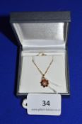 9ct Gold Pendant & Chain Set with Garnets & Seed Pearl, ~2.5g gross