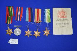 World War II Service Medal and 4x George VI Stars: Atlantic, Pacific, Africa, etc.