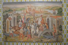 Unsigned Medieval Style Fortress Scene (Unframed Canvas Measures 6ft x 4ft)