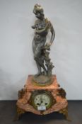 Victorian Pink Marble Mantel Clock with Spelter Sculpture Muse Des Bois (AF, requires restoration)