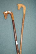 2x Walking Sticks with Carved Horsehead Handles