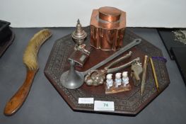 Wooden Tray Containing Metalware and Vintage Collectibles