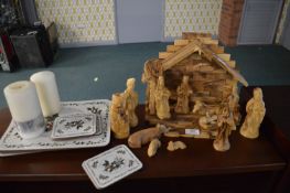 Carved Wooden Nativity Scene Plus Christmas Placemats