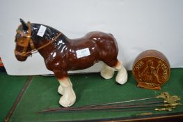 Pottery Shire Horse, Money Bank, and a Set of 6 Meat Skewers