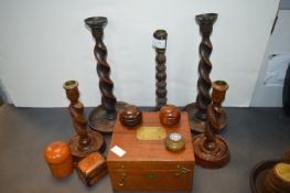 Barley Twist Candlesticks and Wooden Box of Treen Items
