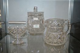 Lead Crystal Water Jug, Biscuit Barrel and a Bowl