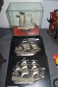 2x Sailing Ship Plaques, and a Ship in a Case