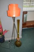 Retro Standard Lamp and Tall Green Glass Vase