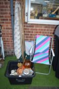 Garden Parasol, Tools, Folding Chairs, and Assorted Pots