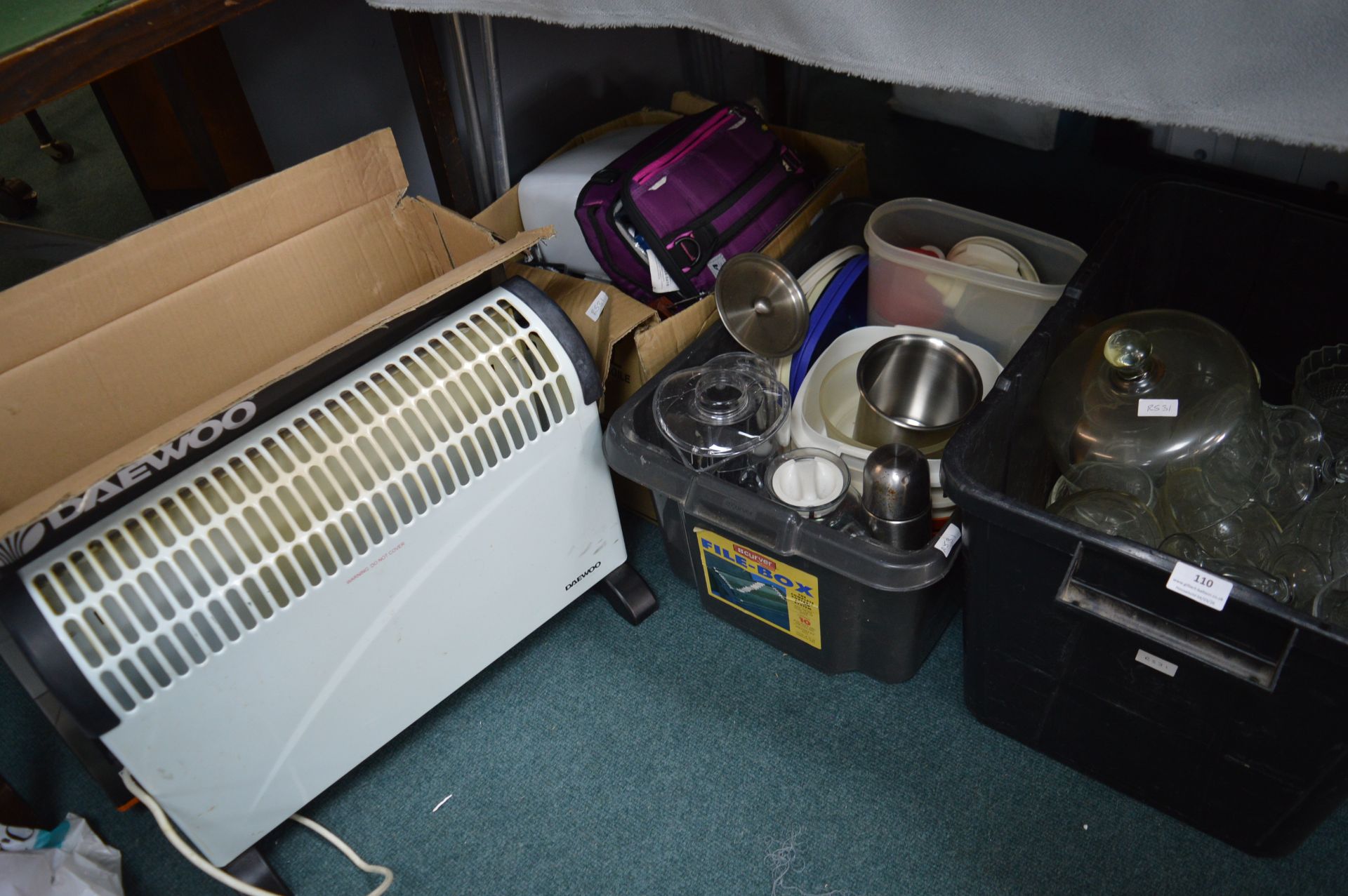 2x Boxes of Household Goods, Kitchenware, Glassware, and a Heater