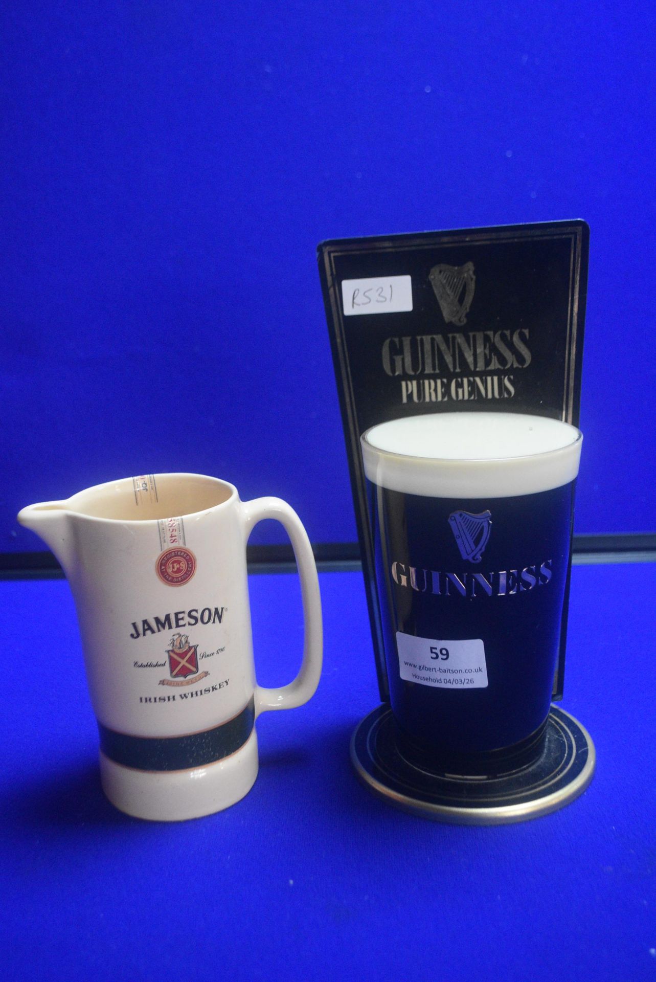 Guinness Beer Pump Advertising Glass plus Jamesons Whiskey Water Jug