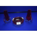 2x Small Cranberry Glass Vases and a Dish