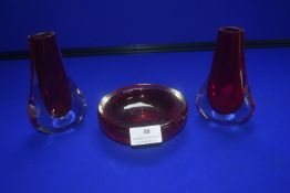 2x Small Cranberry Glass Vases and a Dish