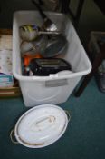 Large Tub of Kitchenware Including Toasters, Pans, etc.