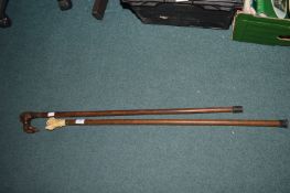 2x Walking Sticks with Dog Head Handles