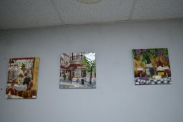 3x Decorative Wall Tiles Depicting Cafe and Scenes and Wine