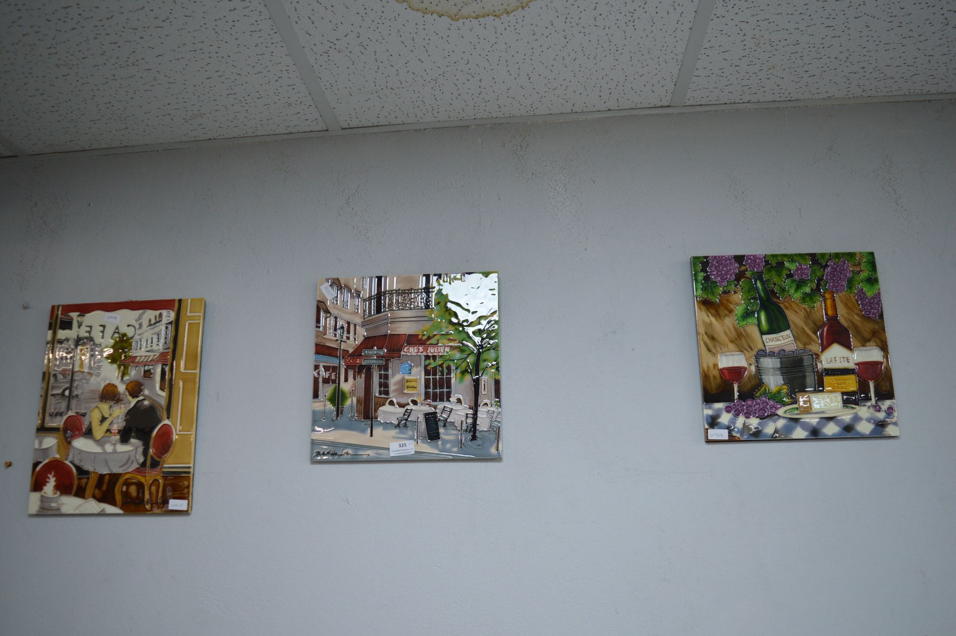 3x Decorative Wall Tiles Depicting Cafe and Scenes and Wine