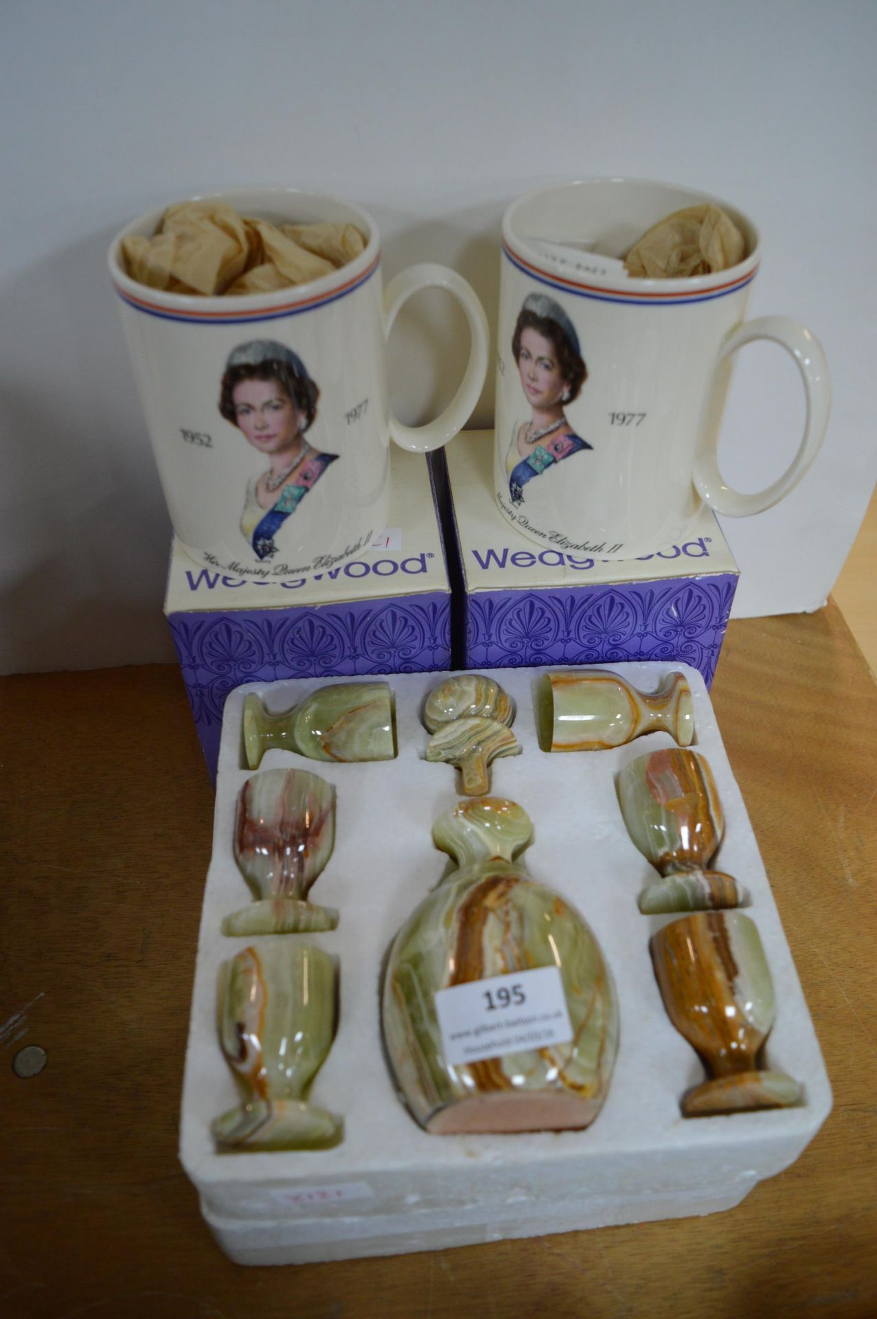 Onyx Eggcup Set, and a Pair of Wedgwood Queen Elizabeth Tankards