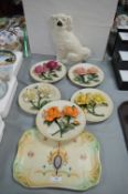 Decorative Floral Plates plus a Flatback Spaniel