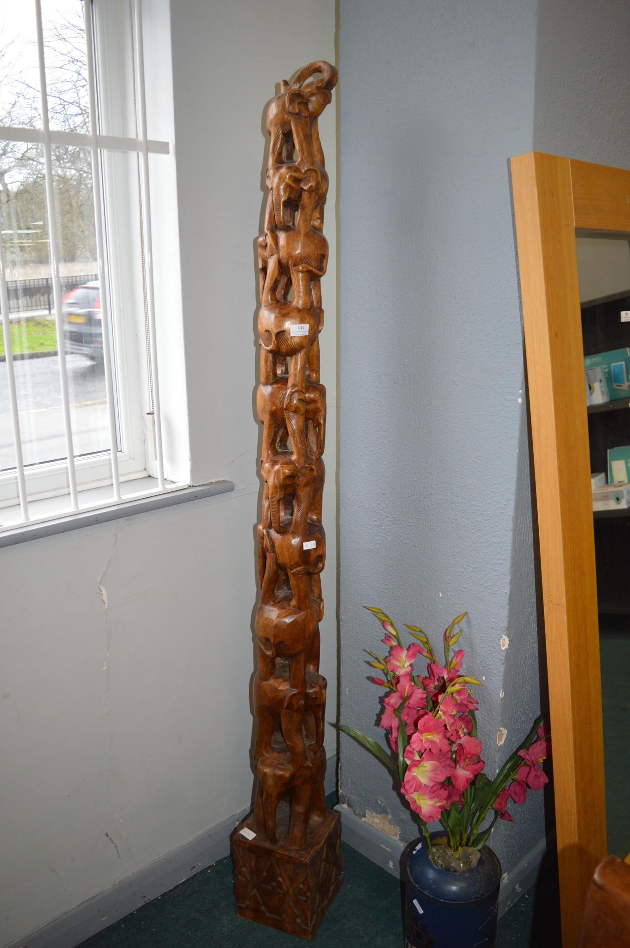 ~6ft Carved Wooden Tower of Elephants