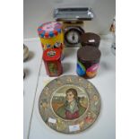 Vintage Tins, Doulton Plate, and Kitchen Scales