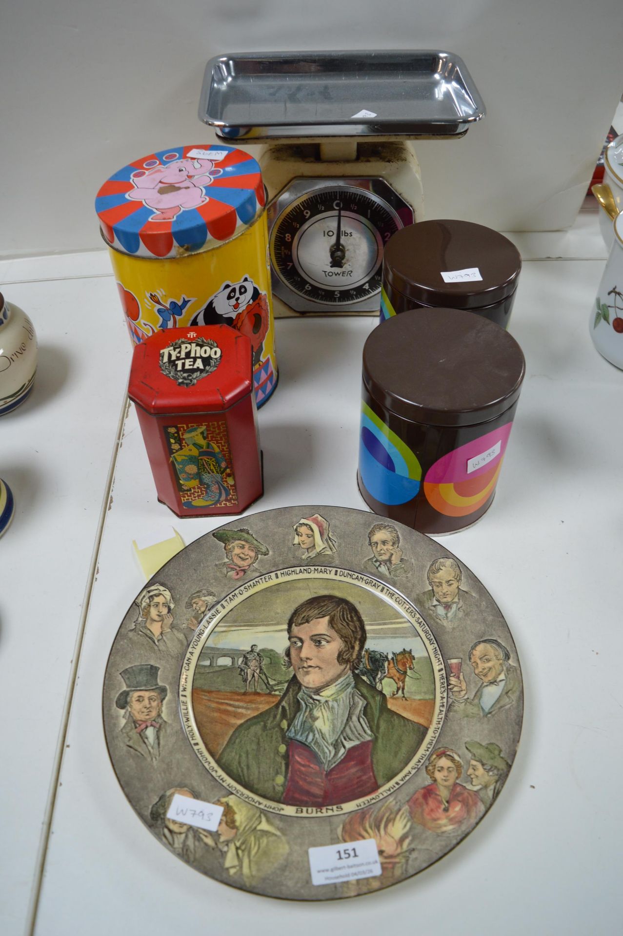 Vintage Tins, Doulton Plate, and Kitchen Scales