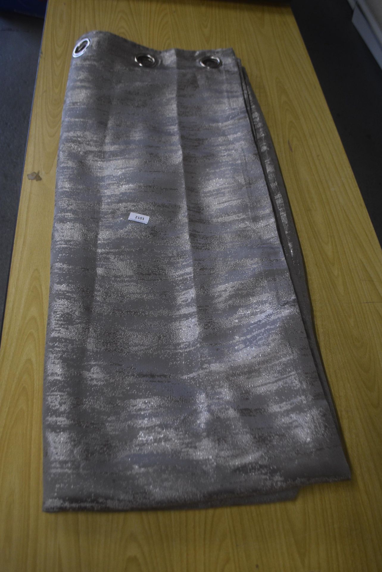 Pair of Johnas & James Truffle Grey Patterned Satin Sheen Lined Eyelet Curtains ~220cm drop x ~166cm