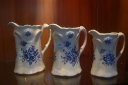 Set of Three Graduated Ironstone Blue & White Floral Jugs
