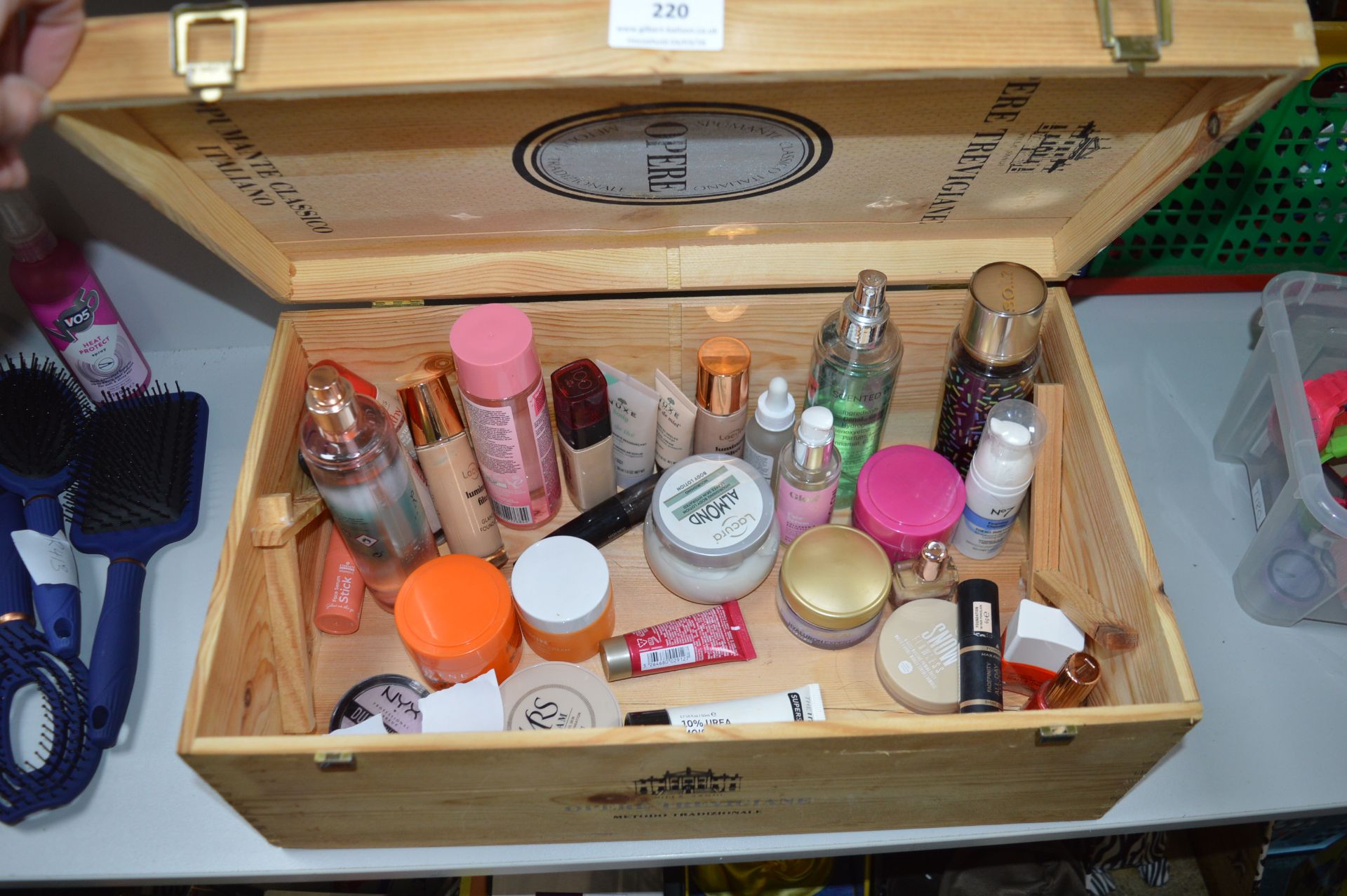 Wooden Wine Box Containing Toiletries and Cosmetics
