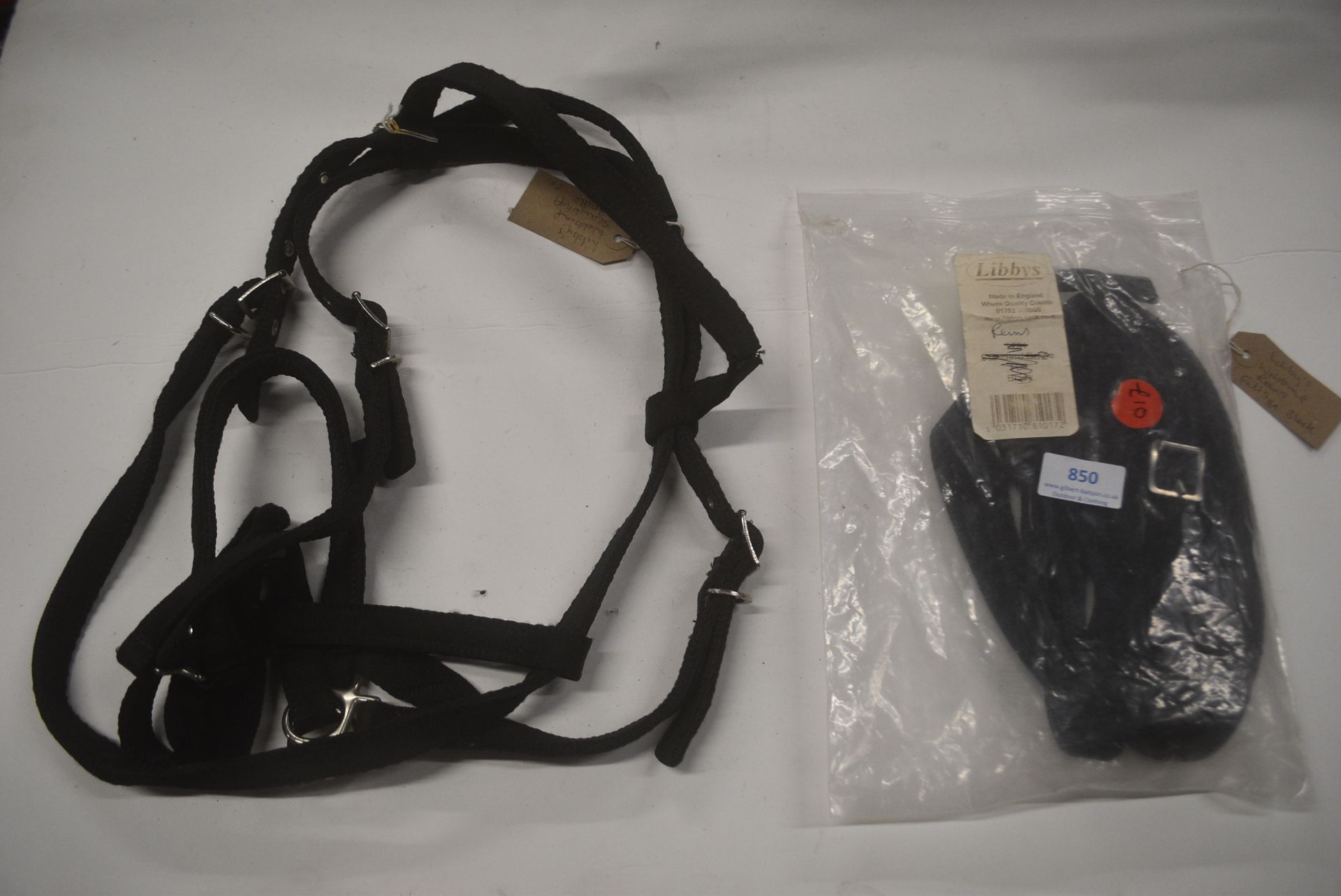 Bitless Webbing Bridle Full Size Black, and a Pair of Libby’s Black Rubbered Webbing Reigns