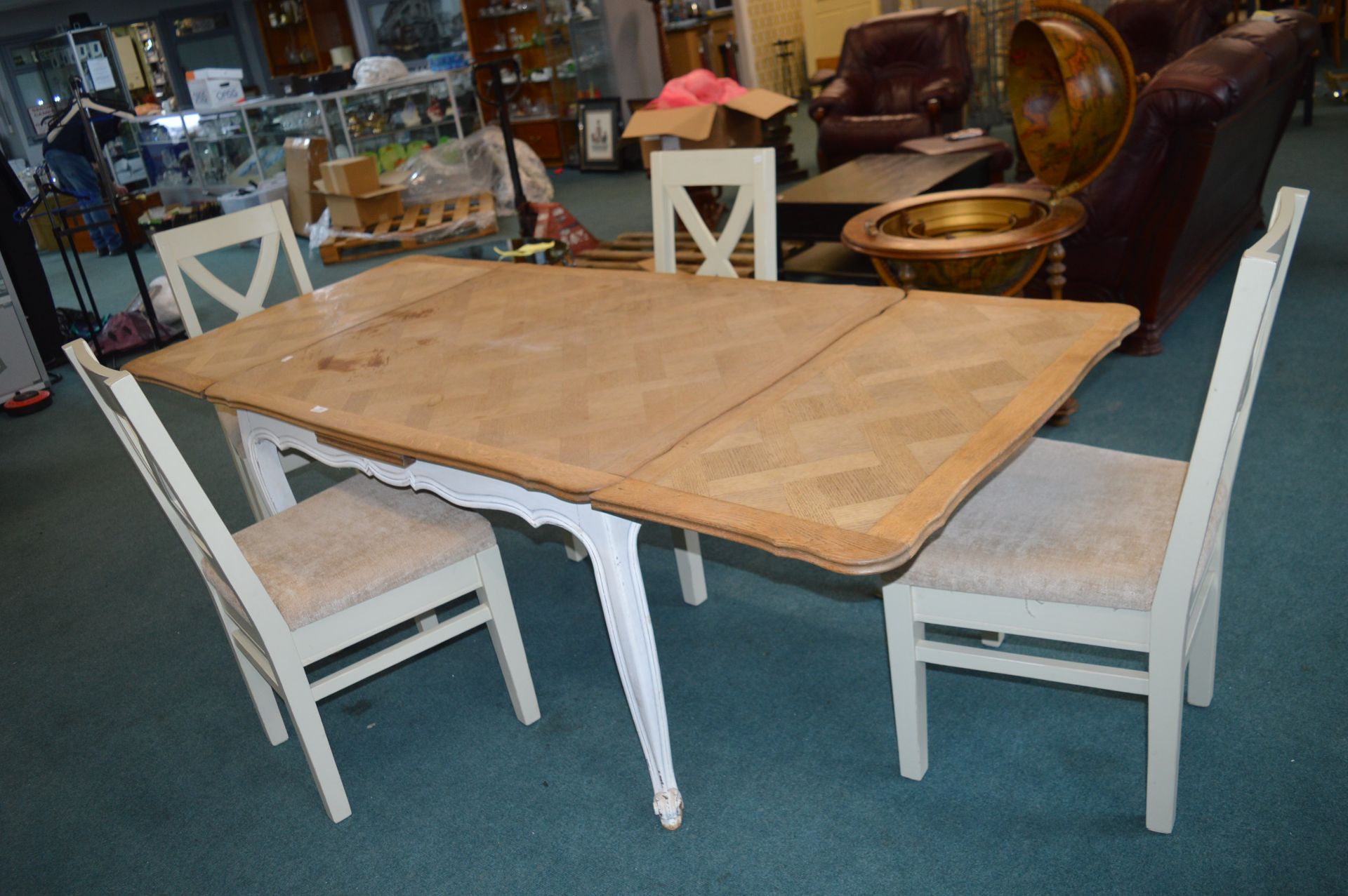 Extending White Painted Dining Table with Parquet Inlay Top, plus 4x Painted Dining Chairs - Image 3 of 4