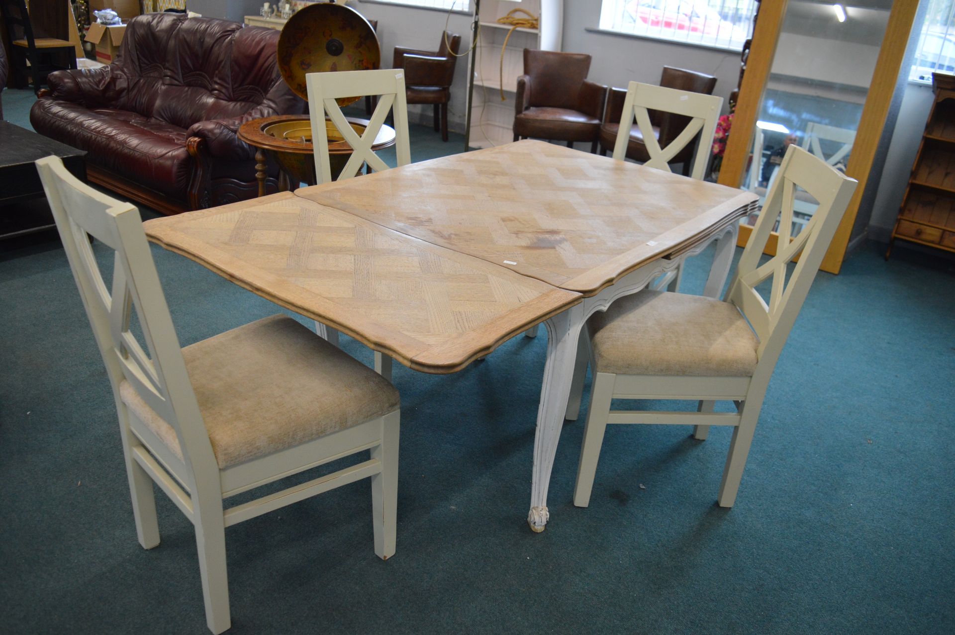 Extending White Painted Dining Table with Parquet Inlay Top, plus 4x Painted Dining Chairs