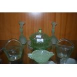 Green Glass Baskets and Figurines etc.