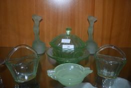Green Glass Baskets and Figurines etc.
