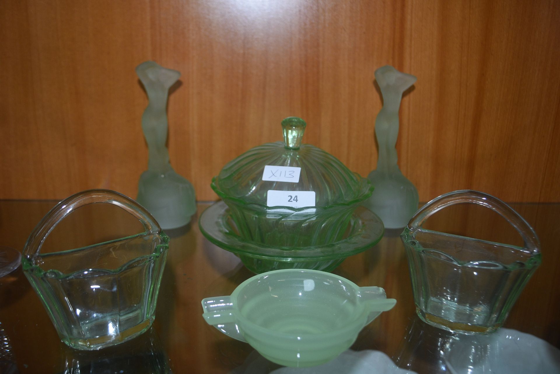 Green Glass Baskets and Figurines etc.