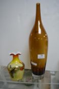 Brown Bottle Glass Vase and a Studio Glass Yellow Vase