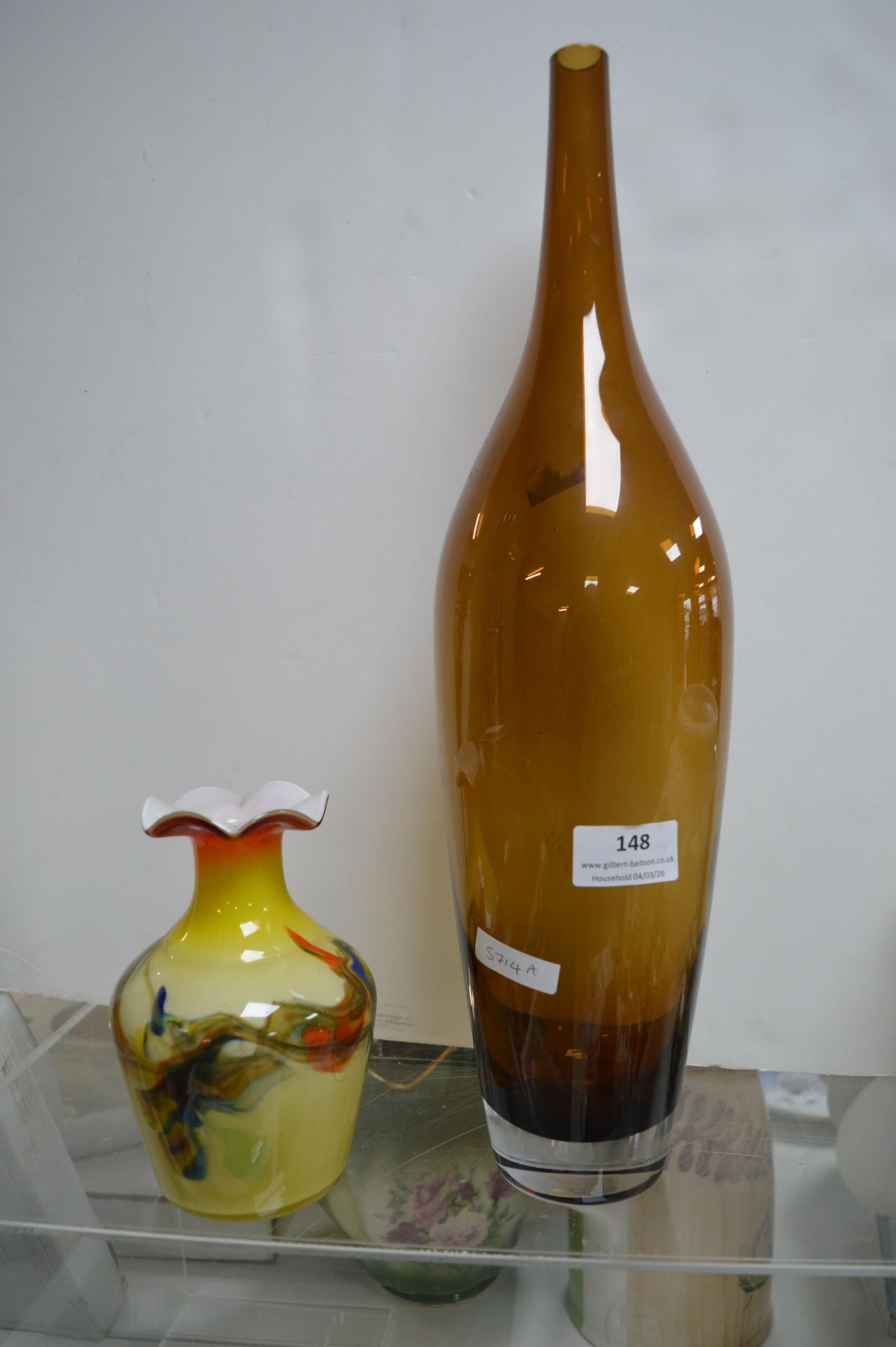 Brown Bottle Glass Vase and a Studio Glass Yellow Vase