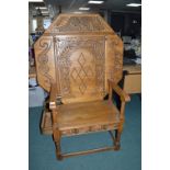 Light Oak Carved Monks Bench