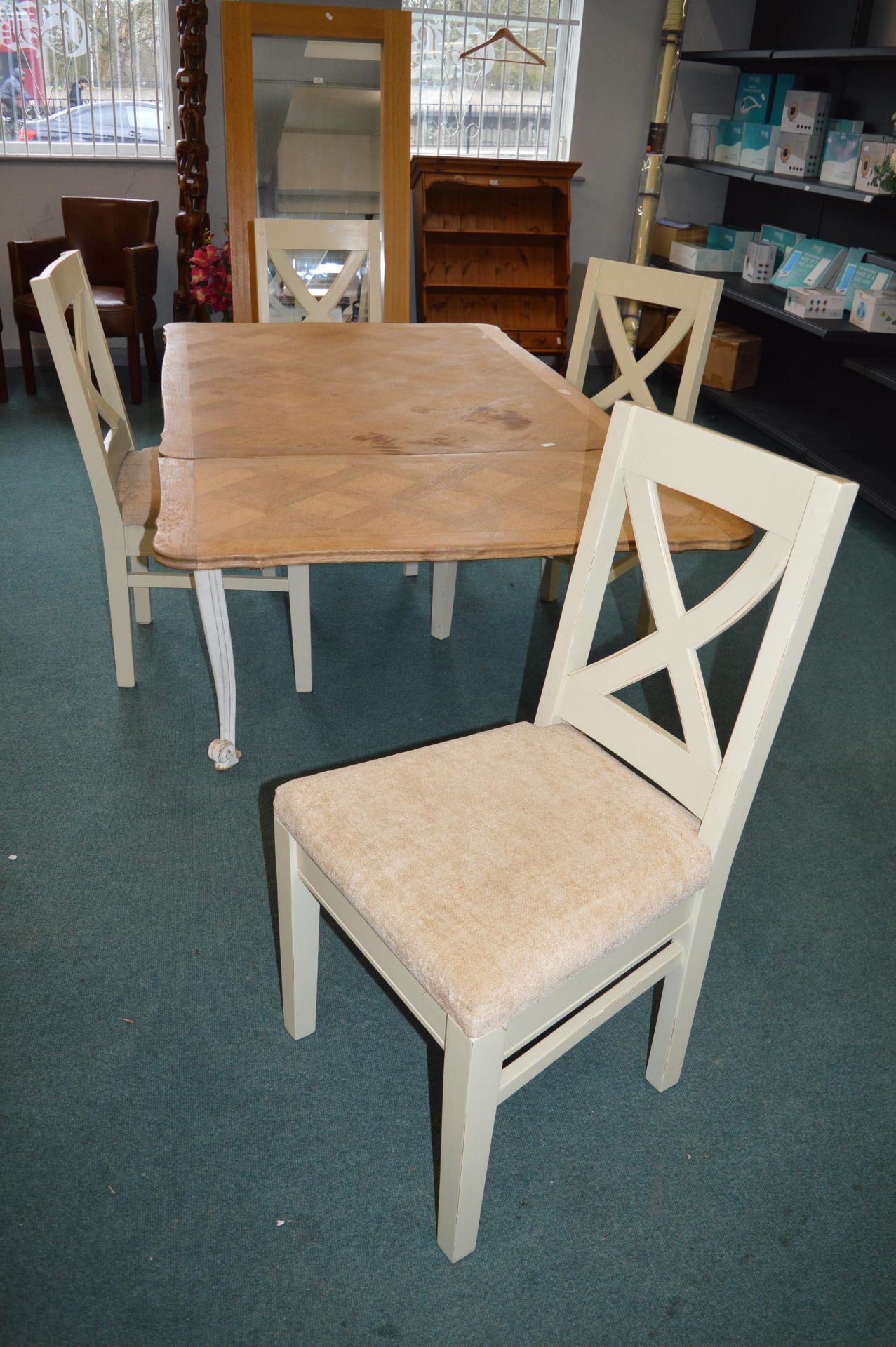 Extending White Painted Dining Table with Parquet Inlay Top, plus 4x Painted Dining Chairs - Image 2 of 4