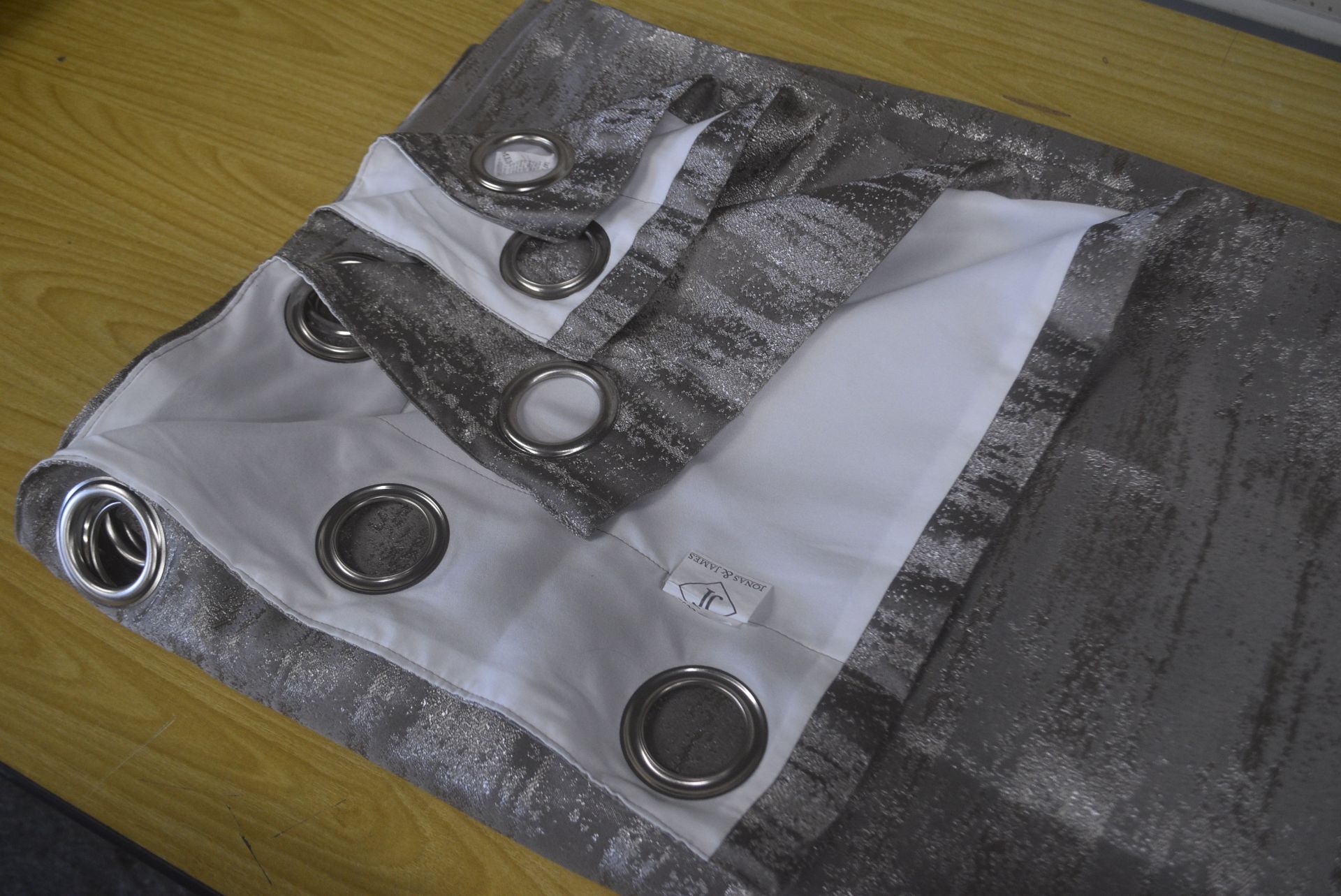 Pair of Johnas & James Truffle Grey Patterned Satin Sheen Lined Eyelet Curtains ~220cm drop x ~166cm - Image 2 of 3