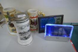 2x Digital Alarm Clocks and 3x Steins