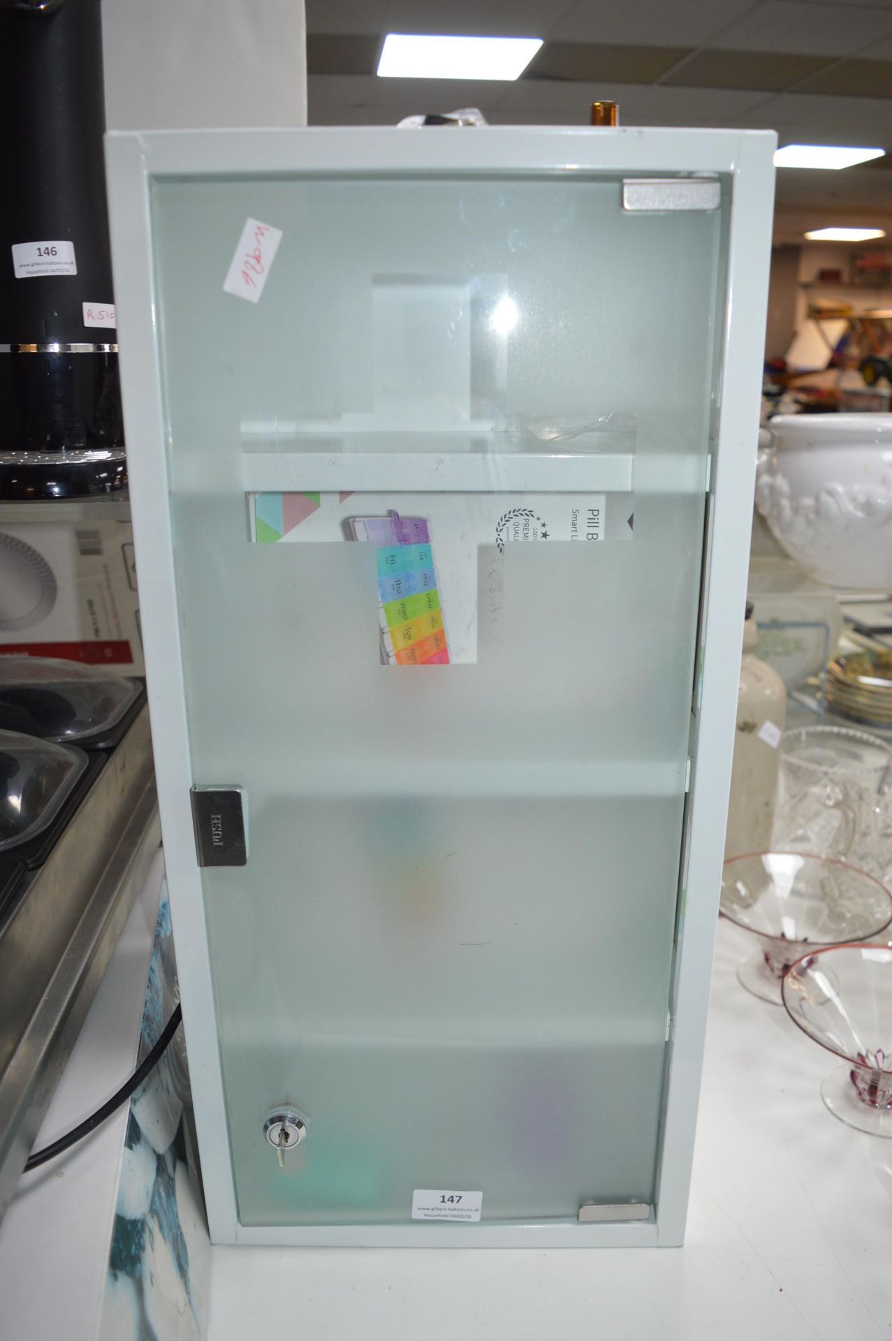 White Bathroom Cabinet with Frosted Glass Locking Door