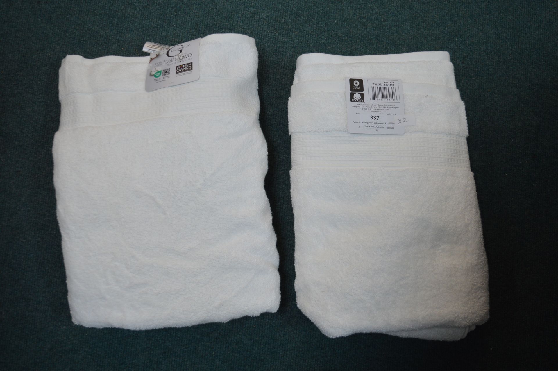*2x Grandeur White Bath Towels 76x147cm